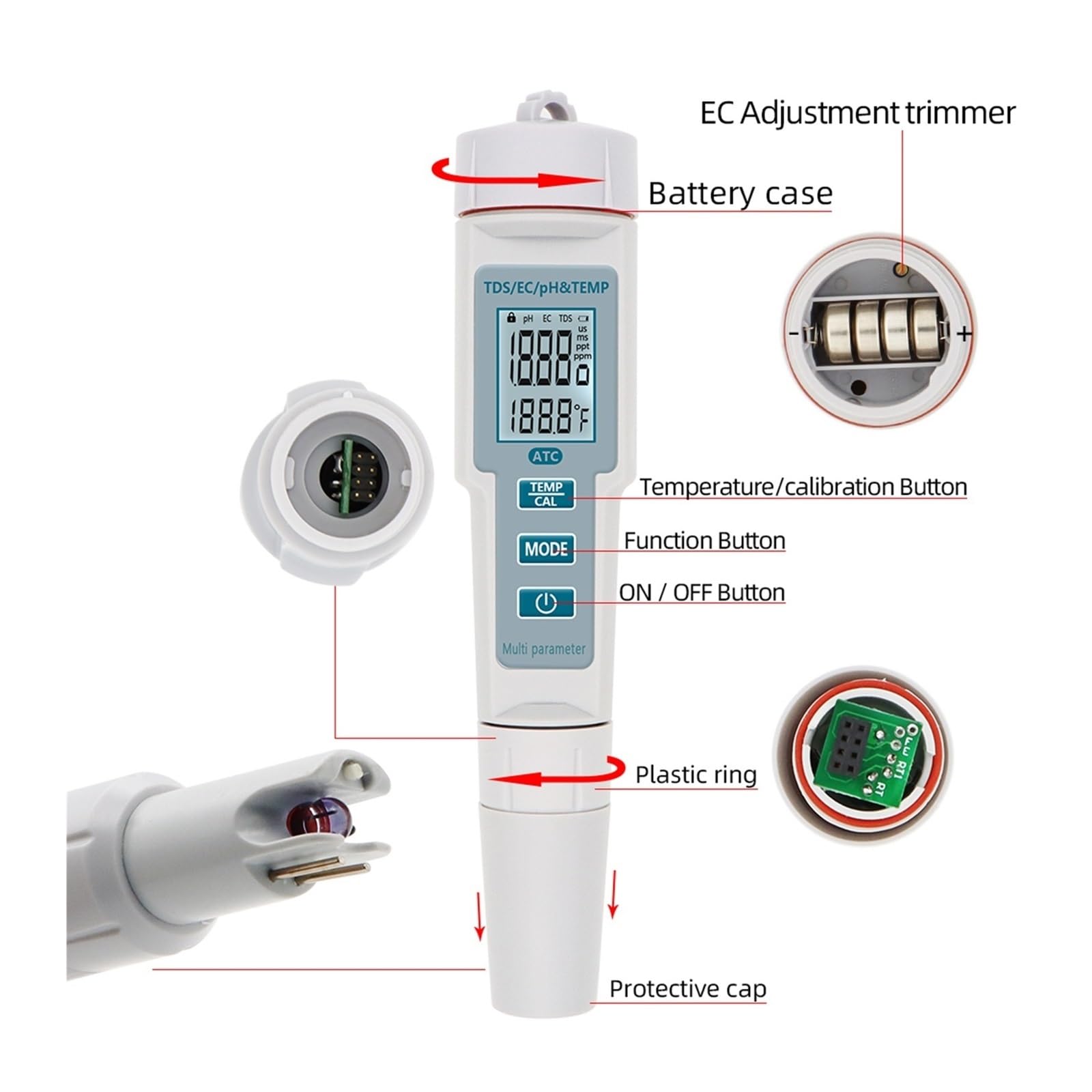 Kit per l'analisi dell'Acqua, Misuratore di PH/EC/TDS e Temperatura 4 in 1 PH Impermeabile Monitor qualità Acqua a LED Tester for Piscine Acqua Potabile(0)