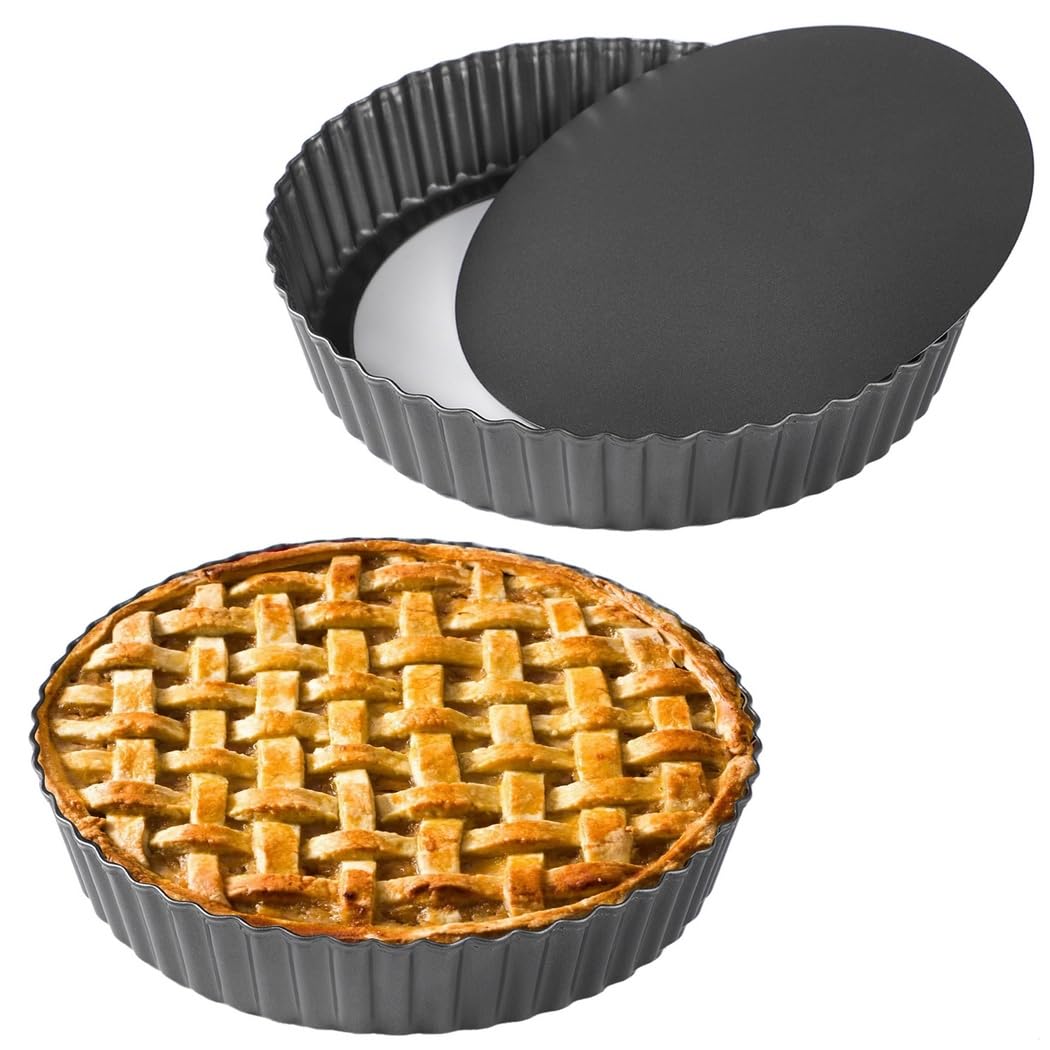 Lot de 2 moules à tarte et tarte antiadhésifs ronds en acier carbone avec base amovible et bords cannelés 28 cm