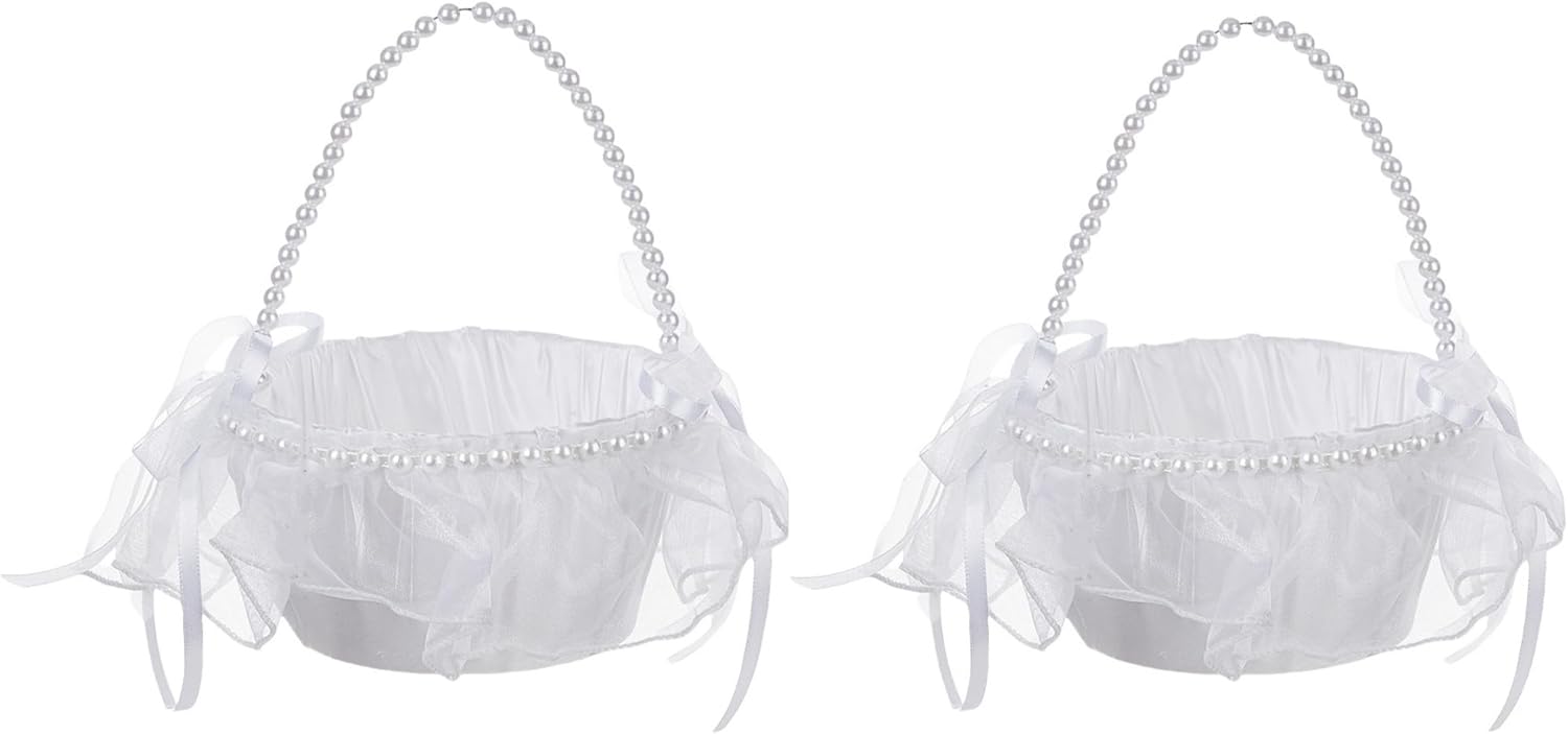 Wedding Flower Girl Basket with Pearl Handle,Satin Flower Storage Basket for Wedding Home Garden Decor (5837, 2)