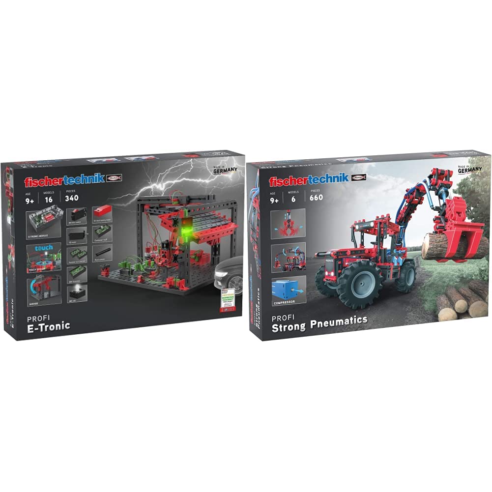 fischertechnik 559883 PROFI E-tronic – ab 9 Jahren & 559876 PROFI Strong Pneumatics – Bausatz für Kinder ab 9 Jahren, pneumatisch betriebenes Konstruktionsspielzeug mit Traktor und 5 weiteren Modellen