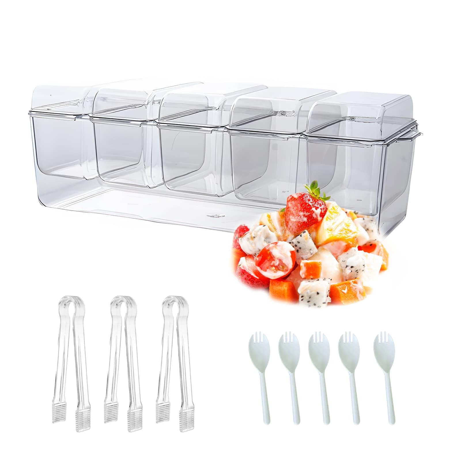 Dyuee Transparent Ice Chilled Condiment Caddy With 5 Containers Reusable Clear Garnish Tray