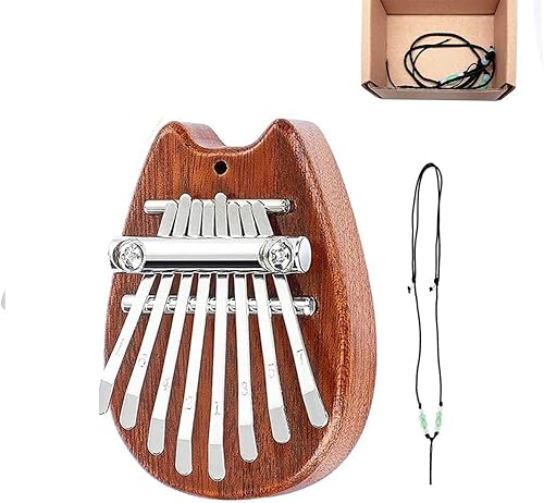 カリンバ 親指ピアノ 8キー 高級木材 ミニ 指ピアノ 指打楽器 指オルゴール 初心者セット 子供大人初心者打楽器 (猫 (カートン + ストラップ + 金属チェーン))