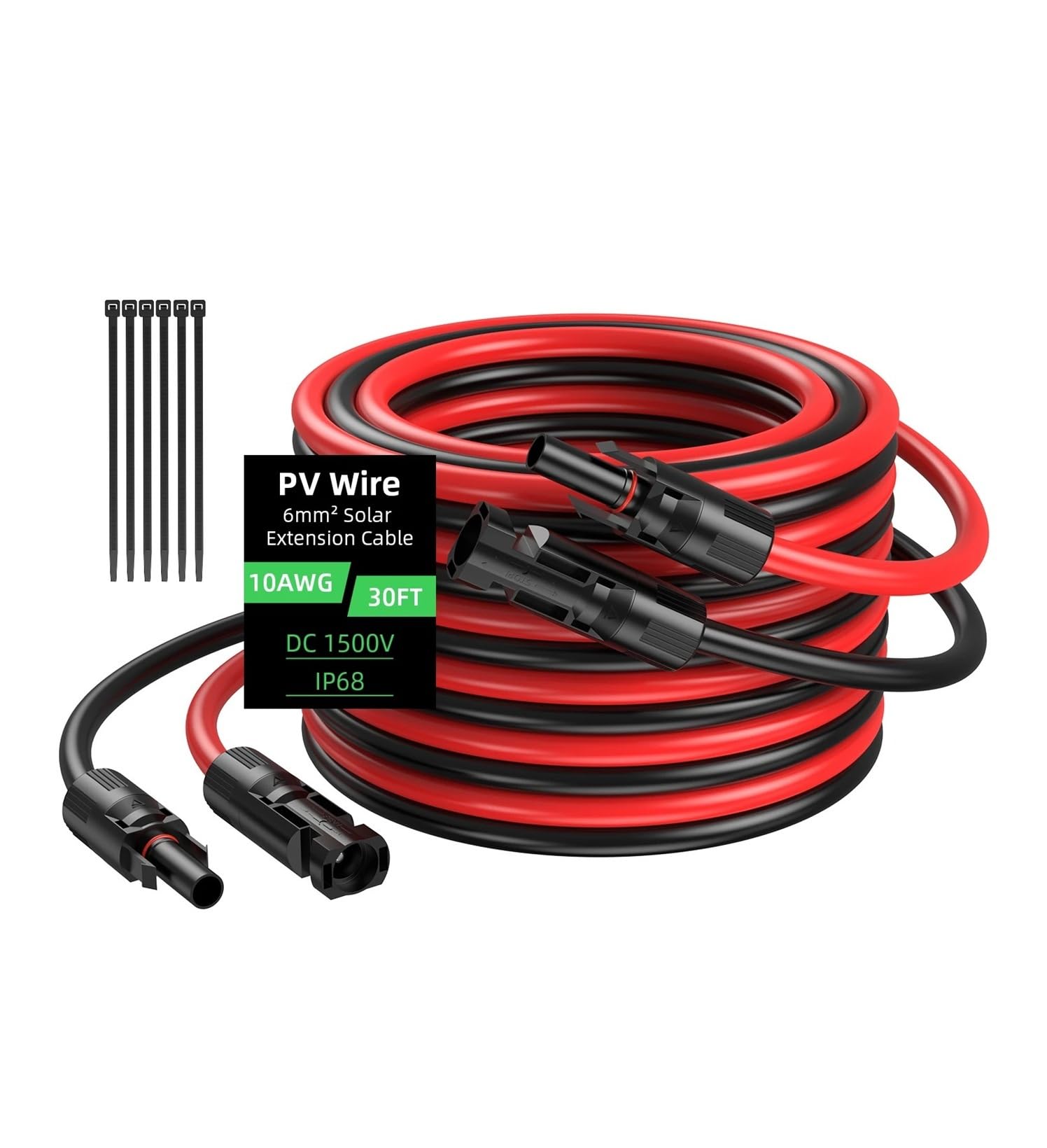 Solarkabel 30FT 10AWG Solarpanel-Verlängerungskabel, 6mm² Solar-Verlängerungskabel mit Wasserdichten Buchsen- und Steckeranschlüssen, 2er-Set