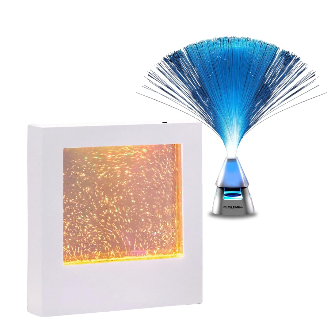 Playlearn Senosory Light 22cm Sensory LED Lights Glitter Filled Square for Children Sensory Room - 35cm Fibre Optic Lamp with Wireless Speaker Sensory Lights Desktop Light Decor