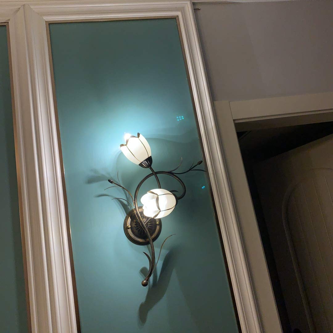Apliques de Pared Rústica Forma de Flor, Lámpara De Pared De Metal Bronce Antiguo, Lámpara de Cabecera de Dormitorio Shabby Chic, 2 Luces Pantallas de Vidrio, para Salón, Pasillo, Cocina, E14, Right