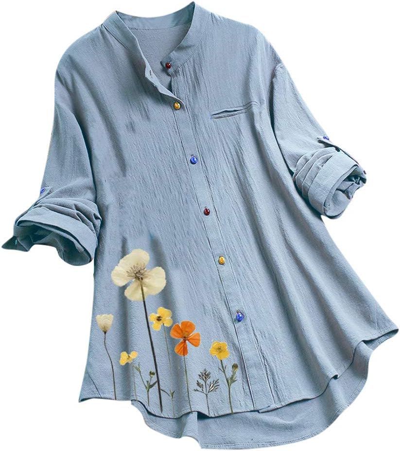 LOPILY Women's Cotton Linen Shirt Cat Print Long Sleeve Blouse Notch Neck Button Detail Tunic Tops Loose Flowy Folk l Style Shirt Plus Size(b-Sky Blue,24 UK/5XL CN)
