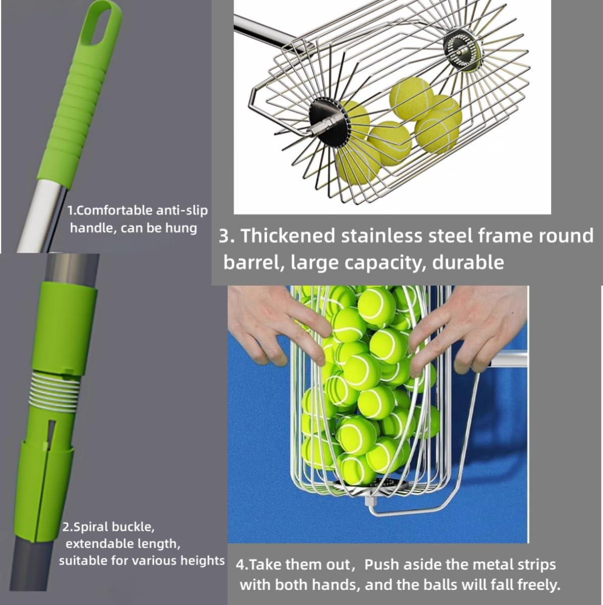 Recolector de pelotas de tenis de acero inoxidable de gran capacidad, pickball Pickball Pickball, recogedor de metal portátil, reciclador de pelotas de tenis de metal extensible, colector