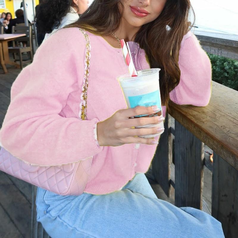 Image of Women Button Down Cardigan Long Sleeve Crewneck Sweater Vintage Lightweight Knit Jacket Fall Going Out Top