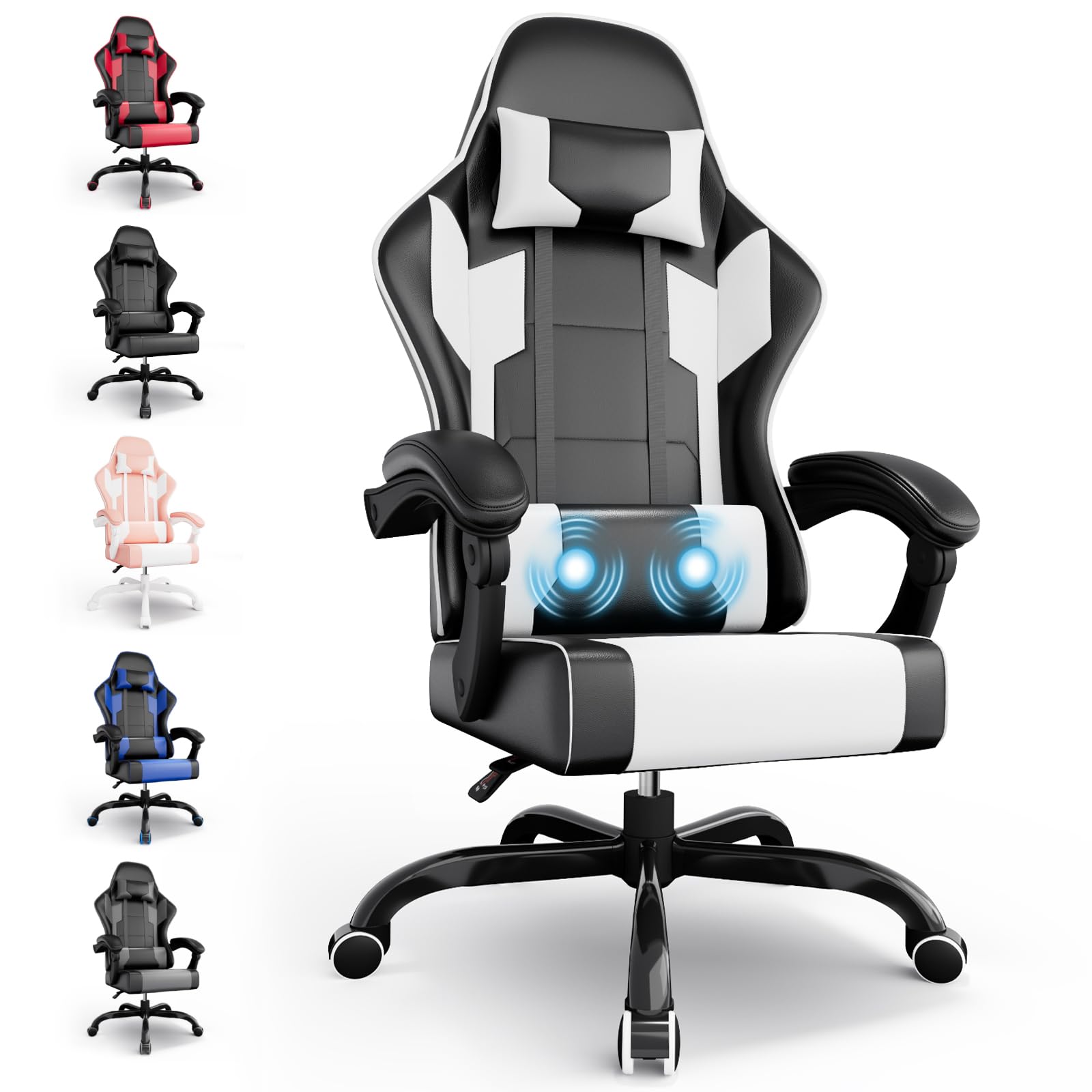 Silla de Oficina Ergonomica, Silla Gaming con Masajeador, Sillas Oficina con reposacabezas y reposapies, Cadeiras Gaming con Ruedas, Gamer Chair Reclinable 90-150°, Capacidad 150 kg, Blanco