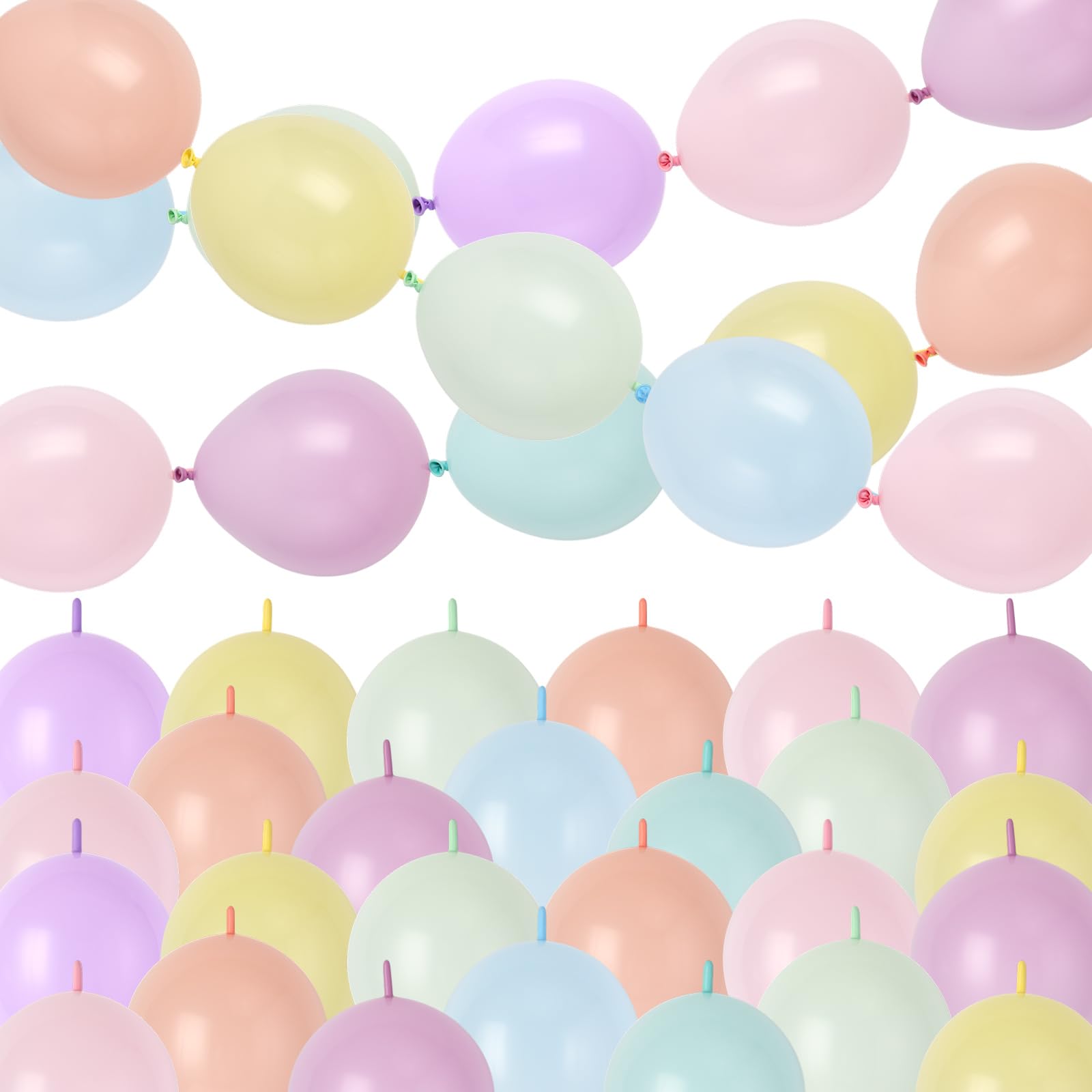 Photo 1 of 100 Pcs Macaron Assorted Color Link Balloons, 6 Inch Rainbow Quick Linking Latex Balloon, Chain Balloons Colorful Latex Balloon with Tails for Birthday Wedding Party Decorations