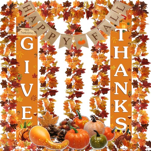 5 Pack Fall Maple Leaves Garland, 30FT Artificial Thanksgiving Maple Leaf Autumn Garland Hanging Fall Vines Table Decorations for Thanksgiving Front Door Mini Pumpkin & GIVE Thanks Banner Decor
