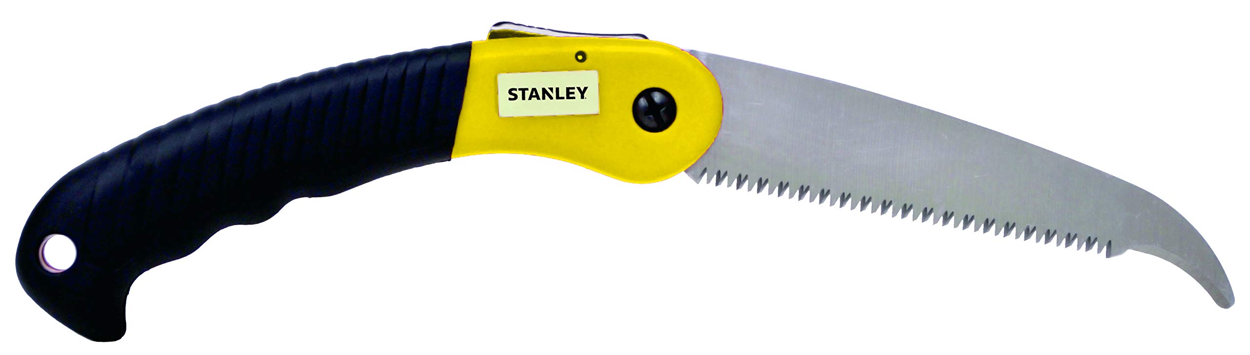 A hand holding the yellow and black Stanley Accuscape Turbo Folding Saw, with the blade extended and cutting into a tree branch.