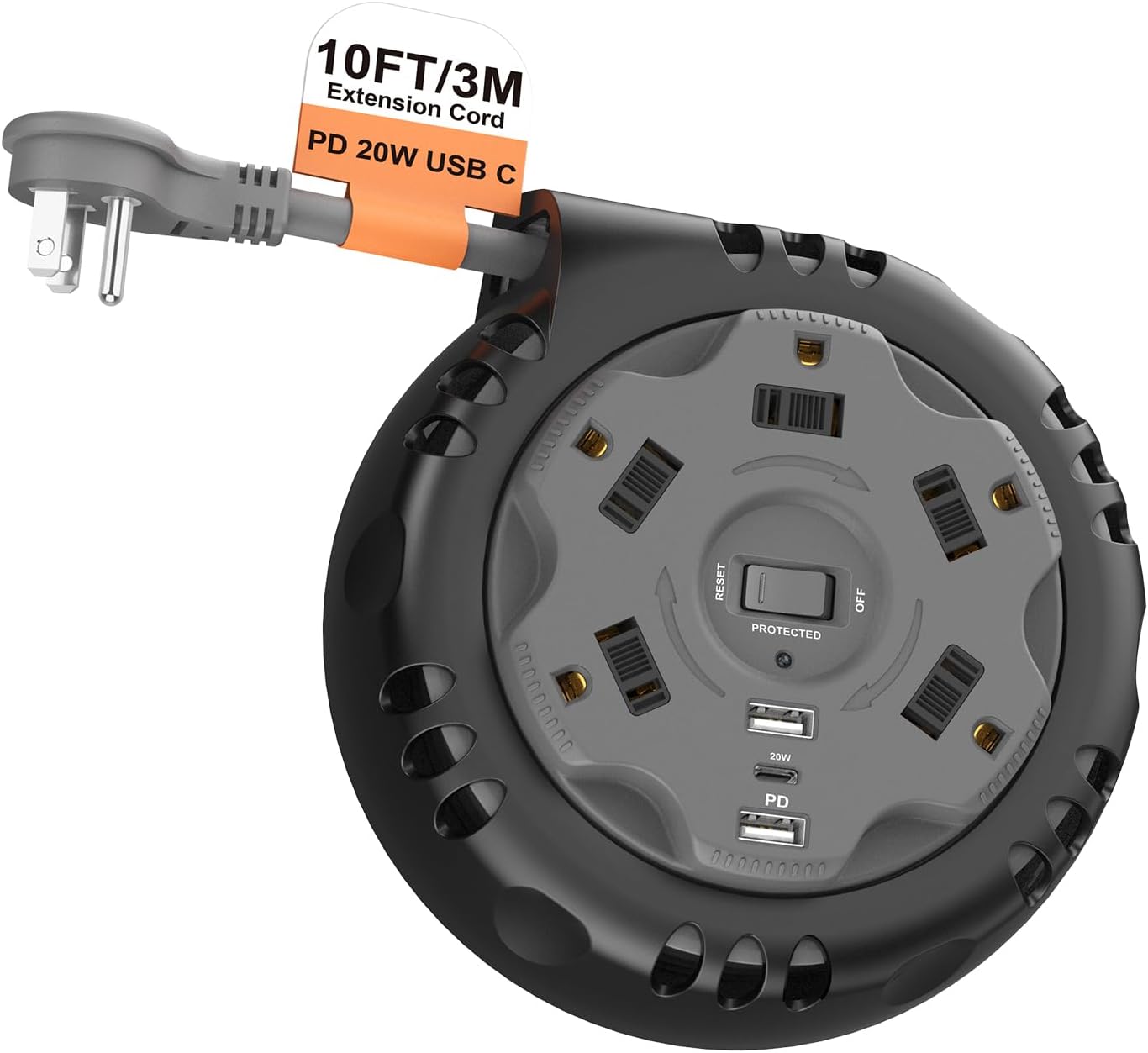 Retractable Power Strip Extension Cord Reel with USB C PD 20W, Flat Plug Travel Power Strip Surge Protection with 5 AC 3 USB Ports, 10FT Travel Extension Cord Portable Outlet, Black Grey