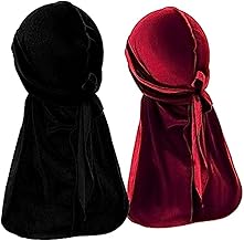 Velvet Durags for Men, 2 Pack Designer Long Tail Beanies Doo Rags Caps, Soft Wide Straps Do Rags Cap for Waves (BLACK and RED WINE)