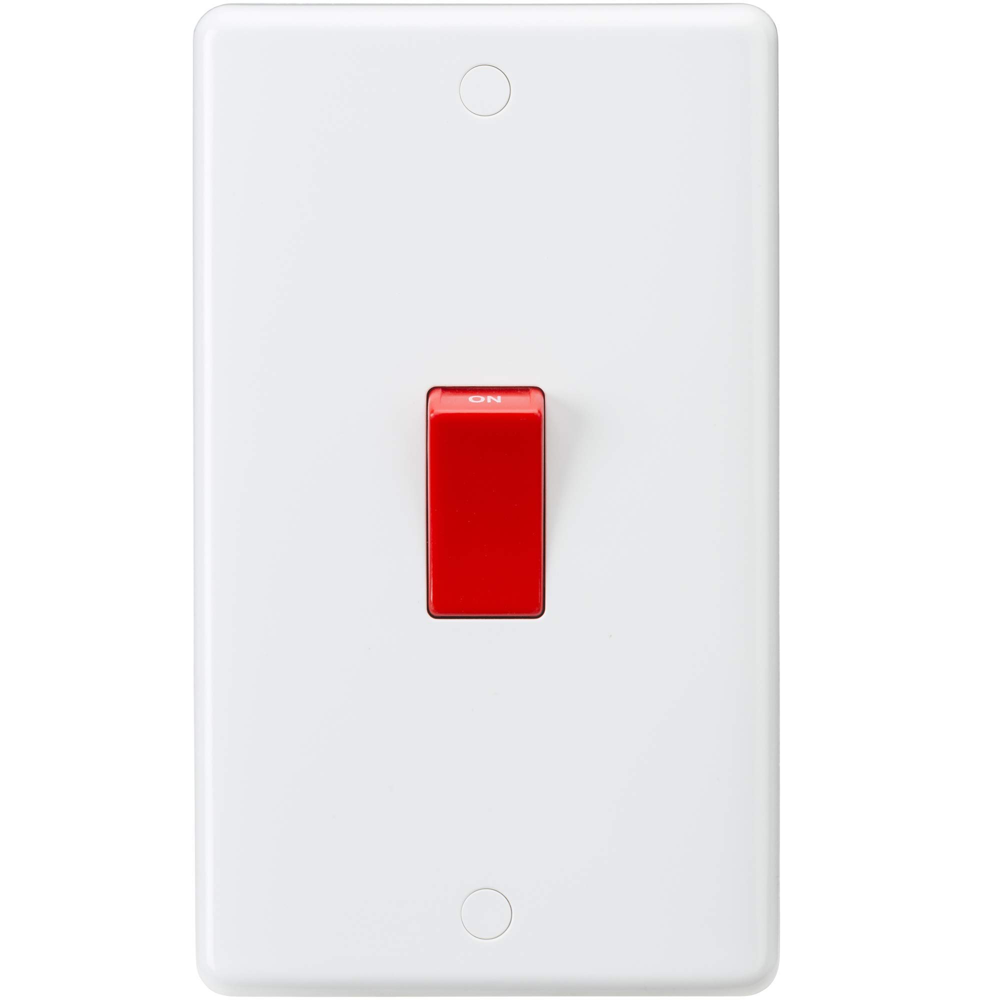 Curved Edge 2 Gang DP Switch in White with White Rockers, Cooker 45A Red Switch Large