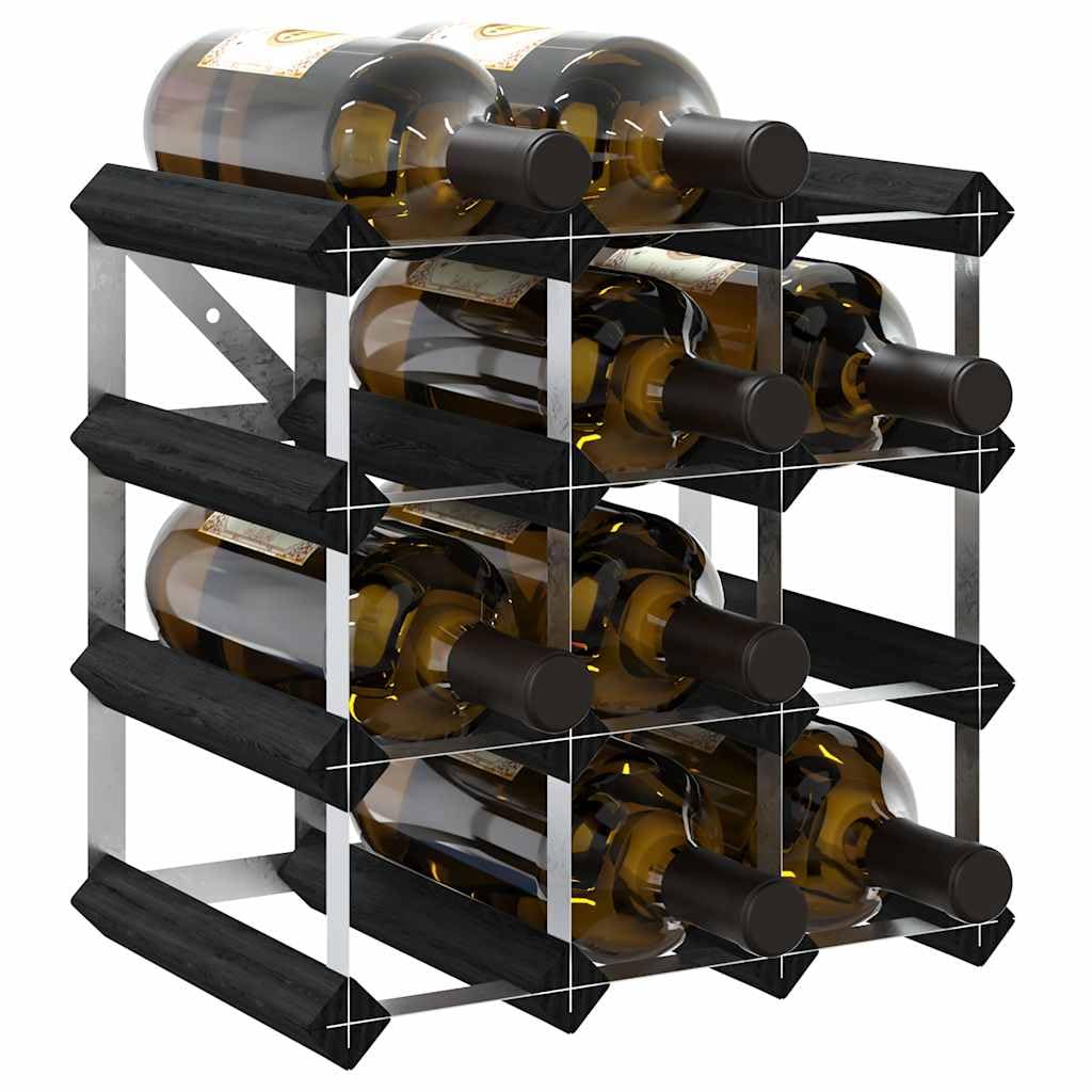 Weinregal für 12 Flaschen aus massivem Kiefernholz und verzinktem Stahl Schwarz, kompakt mit Wandhalterung, ideal für Küche, Esszimmer, Wohnzimmer, Keller