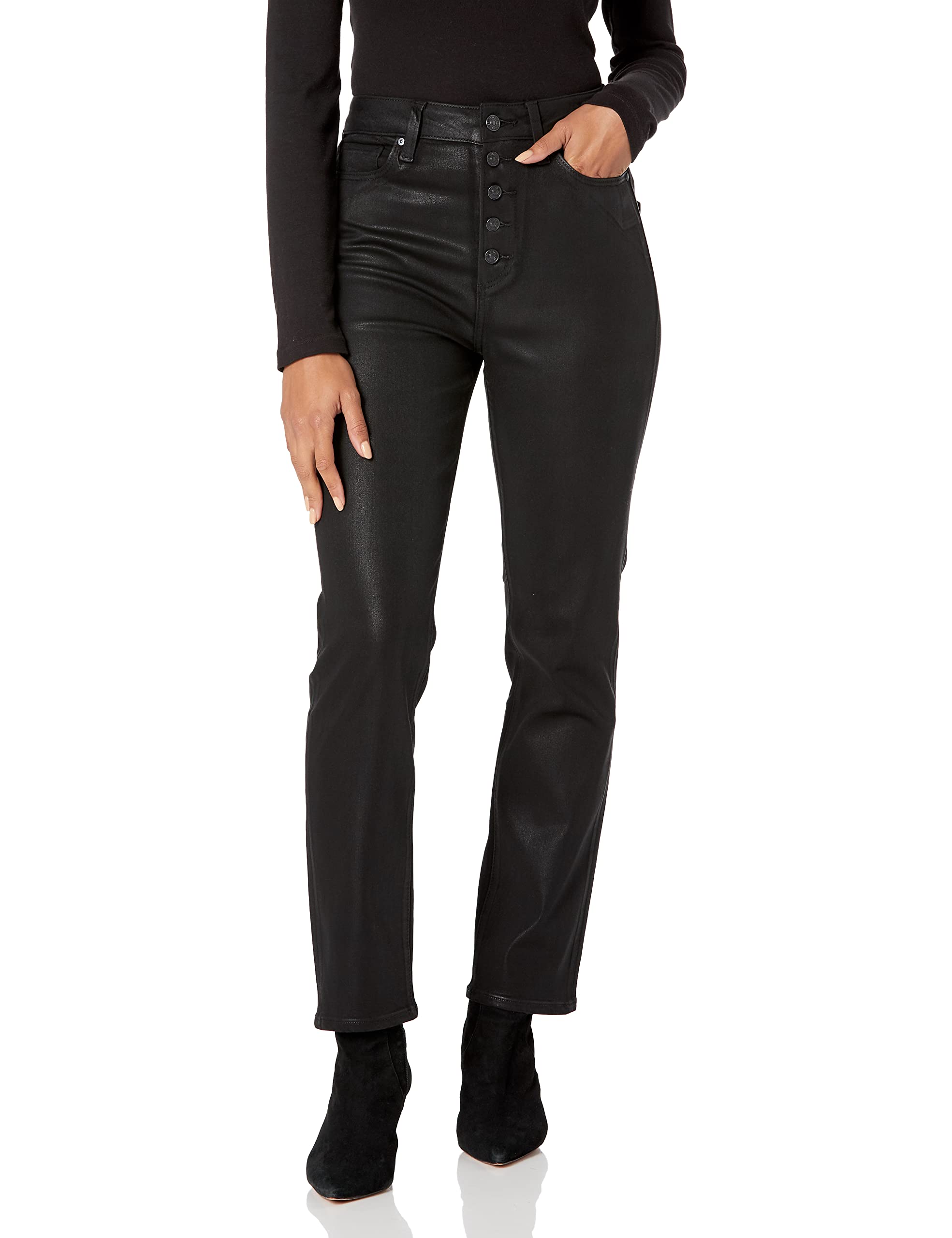 PAIGE Women's Flaunt Accent Ultra High Rise Straight Leg Waist to Hip Ratio in Black Fog Luxe Coating