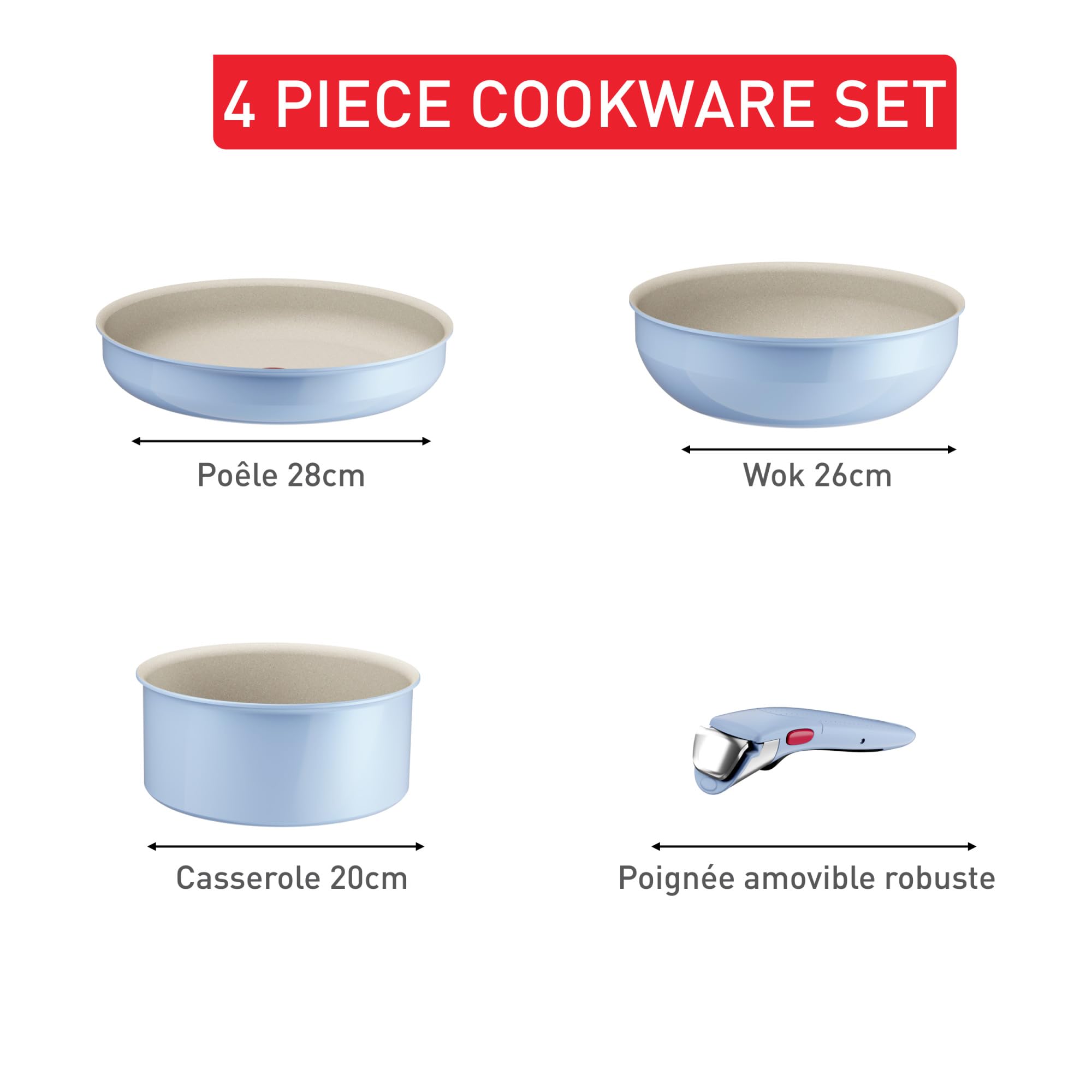 Tefal Ingenio Serenity, Batterie de cuisine 4pièces, Revêtement antiadhésif, Poignée amovible sécurisée, Design empilable, L8274S04
