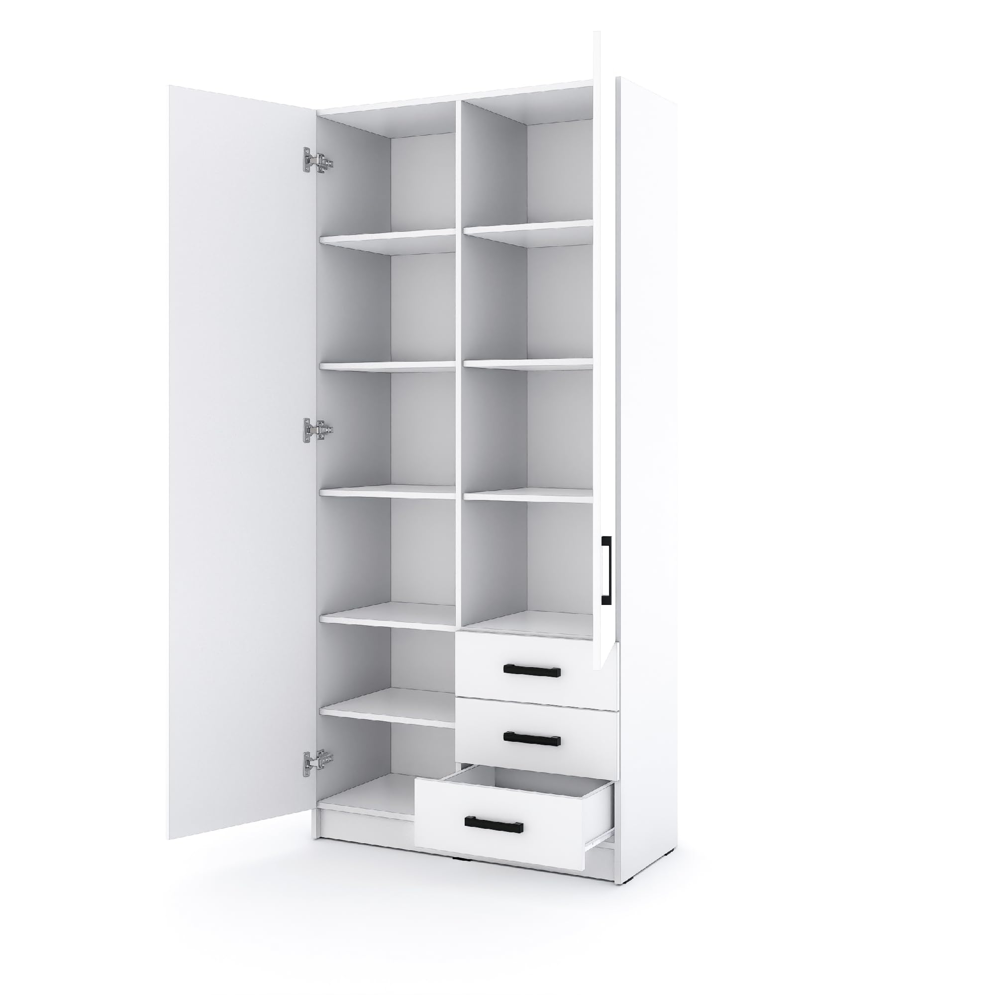 Kleiderschrank Sigma 90 cm breit mit Spiegel 2 Drehtüren und 3 Schubladen Korpus in Weiß Matt Schlafzimmerschrank Kinderzimmerschrank (Türen-Weiß, Schubladen-Weiß)