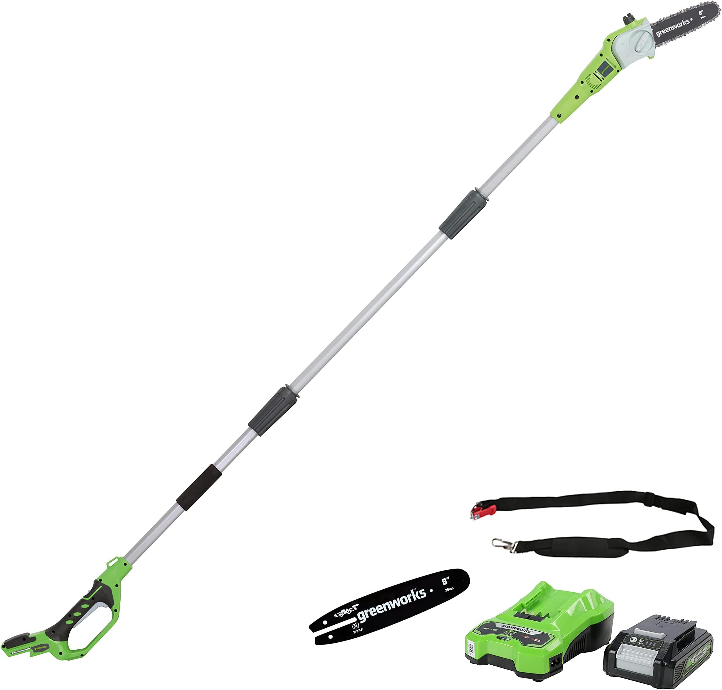 Greenworks Cordless long reach Pole Saw with 2Ah battery and charger + Guide Bar for Chain Saw (20 cm Oregon Bar)