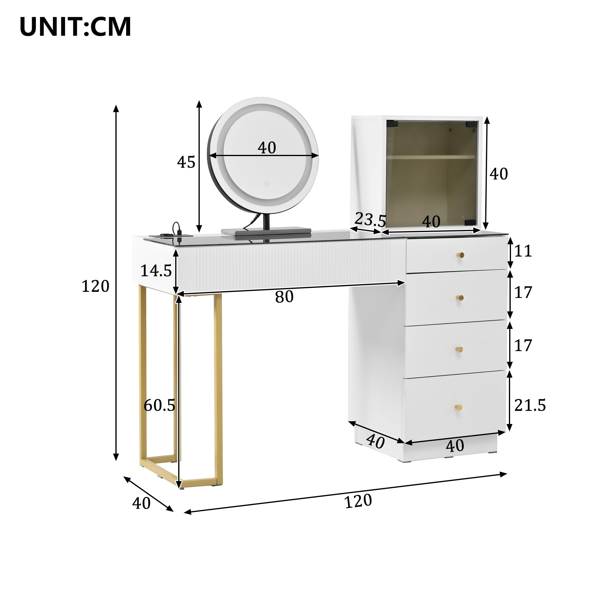 Kebnor Schminktisch-Set mit LED-Beleuchtungsspiegel, klarer gehärteter Glasplatte, 5 Schubladen und 1 Schrank; weiß, Maße: B120 x T40 x H120 cm