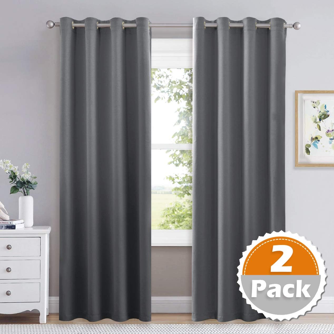 Blackout Curtains Thermal Insulated Curtain Panels Grommet 2 Panels, Room Darkening Energy Efficient Window Drapes for Living Room, Bedroom, Nursery (W52 X L84 per Panel, Gray)