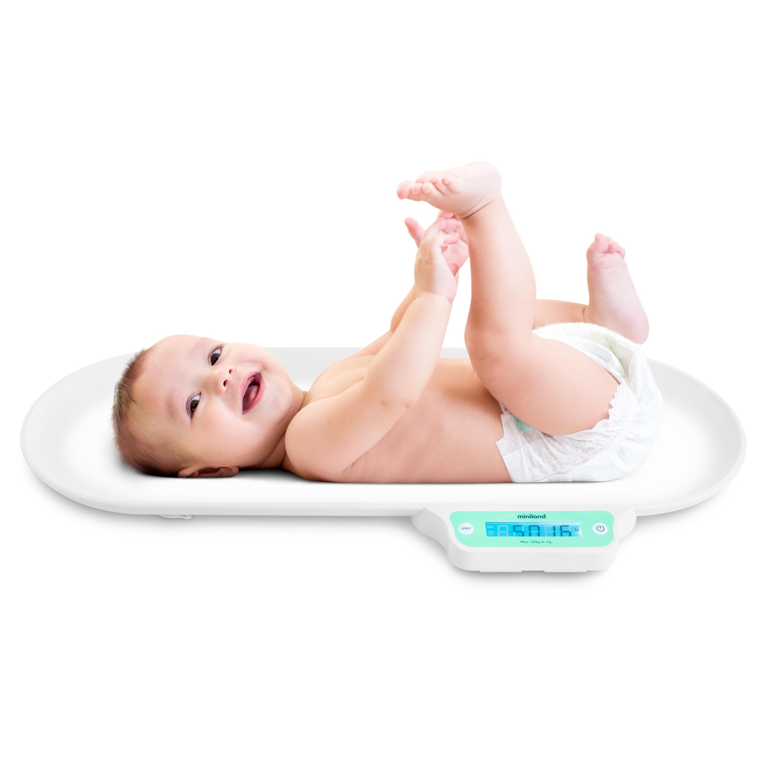 Miniland babyScale Balance Bébé Digitale jusqu’à 30 kg | Fonction Auto Hold et Tare, Connexion App eMyBaby, Précise et Ergonomique