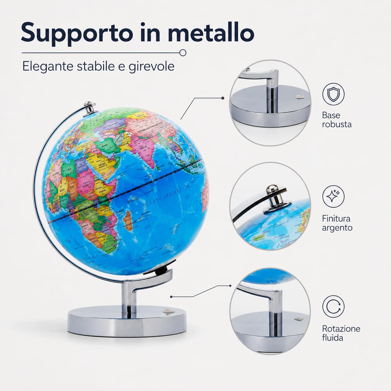 Exerz Mappamondo Illuminato 23cm Mappa Italiana Supporto Metallo LED | Modalità giorno notte con costellazioni senza fili per studio cameretta ufficio bambini dagli 8 anni e regali
