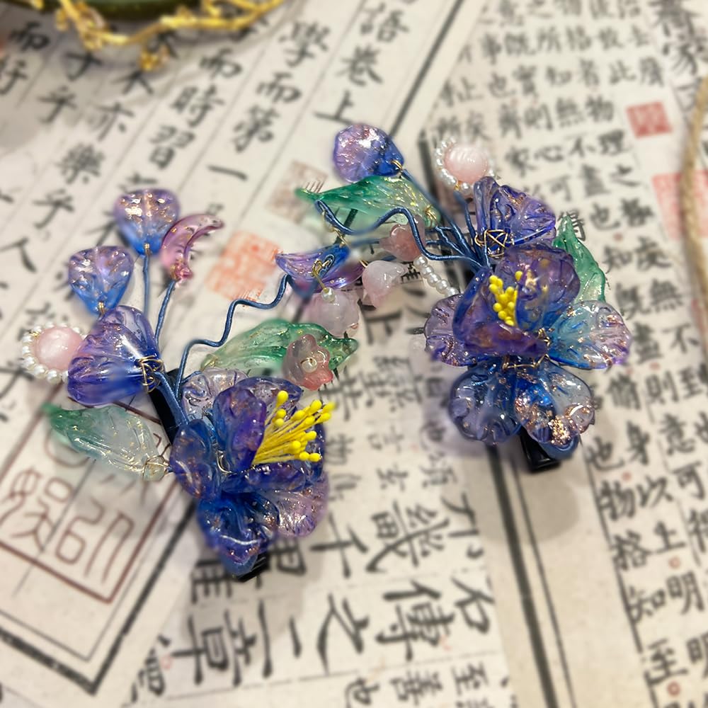 Blue Kapok Flower Pearl Tassels Hairpin Chinese Hanfu Style Hair Fork Retro Flower with Resin Handmade Hair Clip Hair Accessories for Women Girls Long Hair (Kapok)