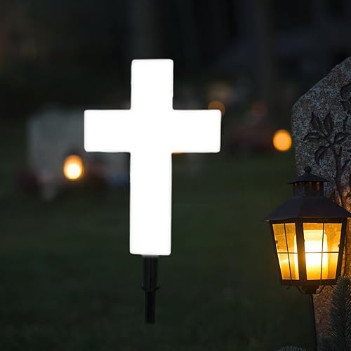 Miniatura 3 de Ragyzity Estaca de cruz solar para jardín, luces para exteriores, cruz solar para cementerio, estaca de luces cruzadas alimentadas por energía