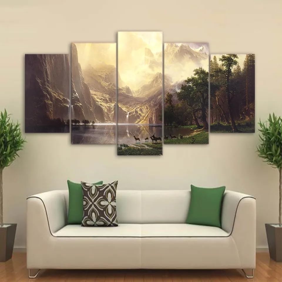 Lac de montagne paysage naturel avec cerfs tableau 5 parties pour sublimer la maison