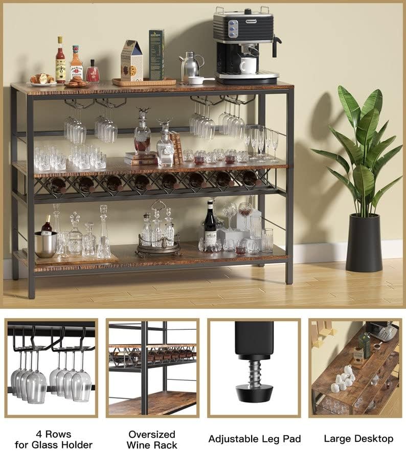 Miniatura 6 de Mesa de bar de vino industrial, gabinete de barra de café con estante para licor y vasos, barras de soporte de whisky para el hogar, cocina,