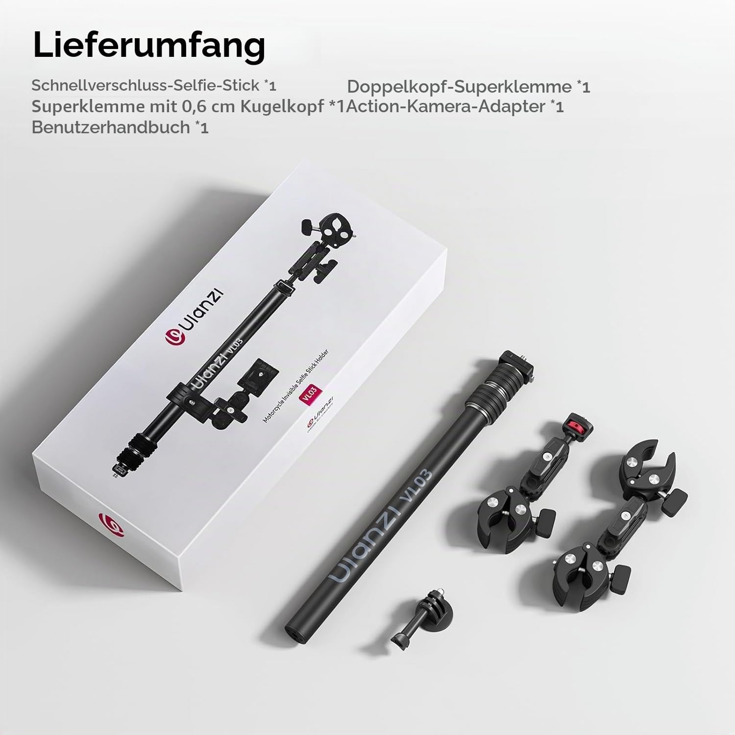 ULANZI VL03 Motorrad Halterung für Insta360 X5 X4 X3/DJI Osmo 360 mit Schnellverschluss, 40in Verlängerungsstangen-Klemmhalterung für GoPro DJI Insta360 Action-Kamera