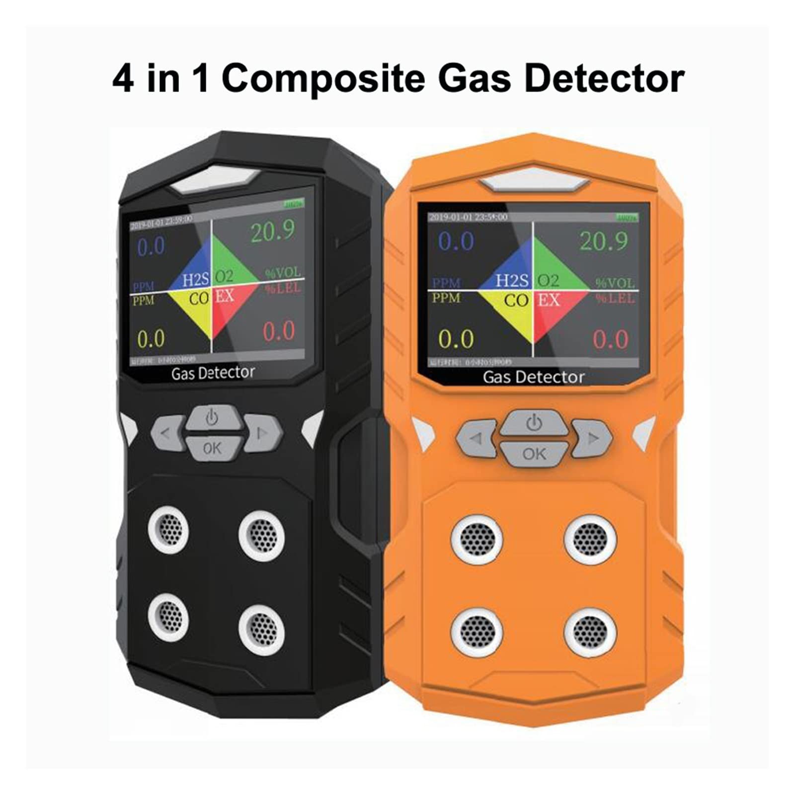 Rilevatore Gas, O2 H2S CO Ex Schermo a Colori 4 in 1 Handy Compound Multi Gas Rilevatore di perdite di Allarme per Lavoro, Casa(Black (No Pump))