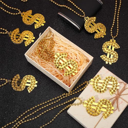 30 Pcs Dollar Sign Necklaces, Gold Money Necklace with Pendant, Fake Dollar Sign Chain for Hip Hop Rapper Costume, Mardi Gras Party Jewelry & Casino Theme Accessories (Gold)3
