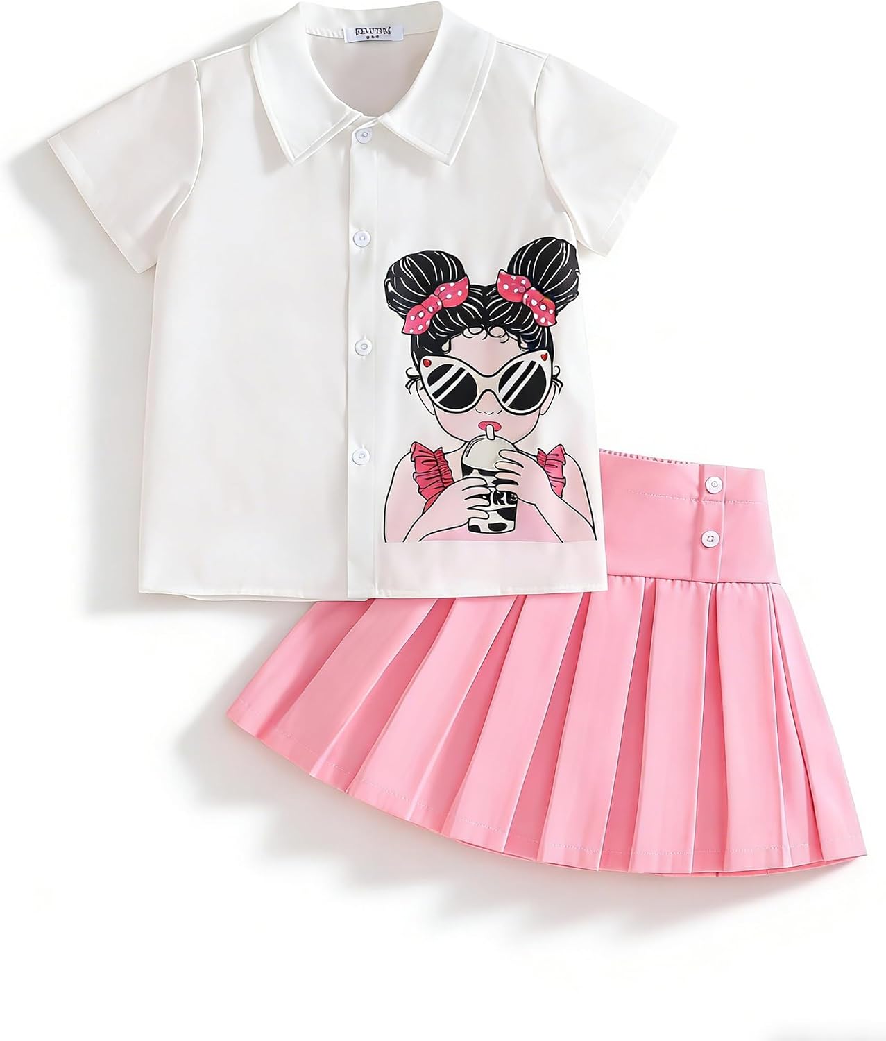 Girls Summer Outifts Cool Girl Print Short Sleeve Shirt and Pleated Skirt 2 Piece Kid Clothing Set 3-12 Years