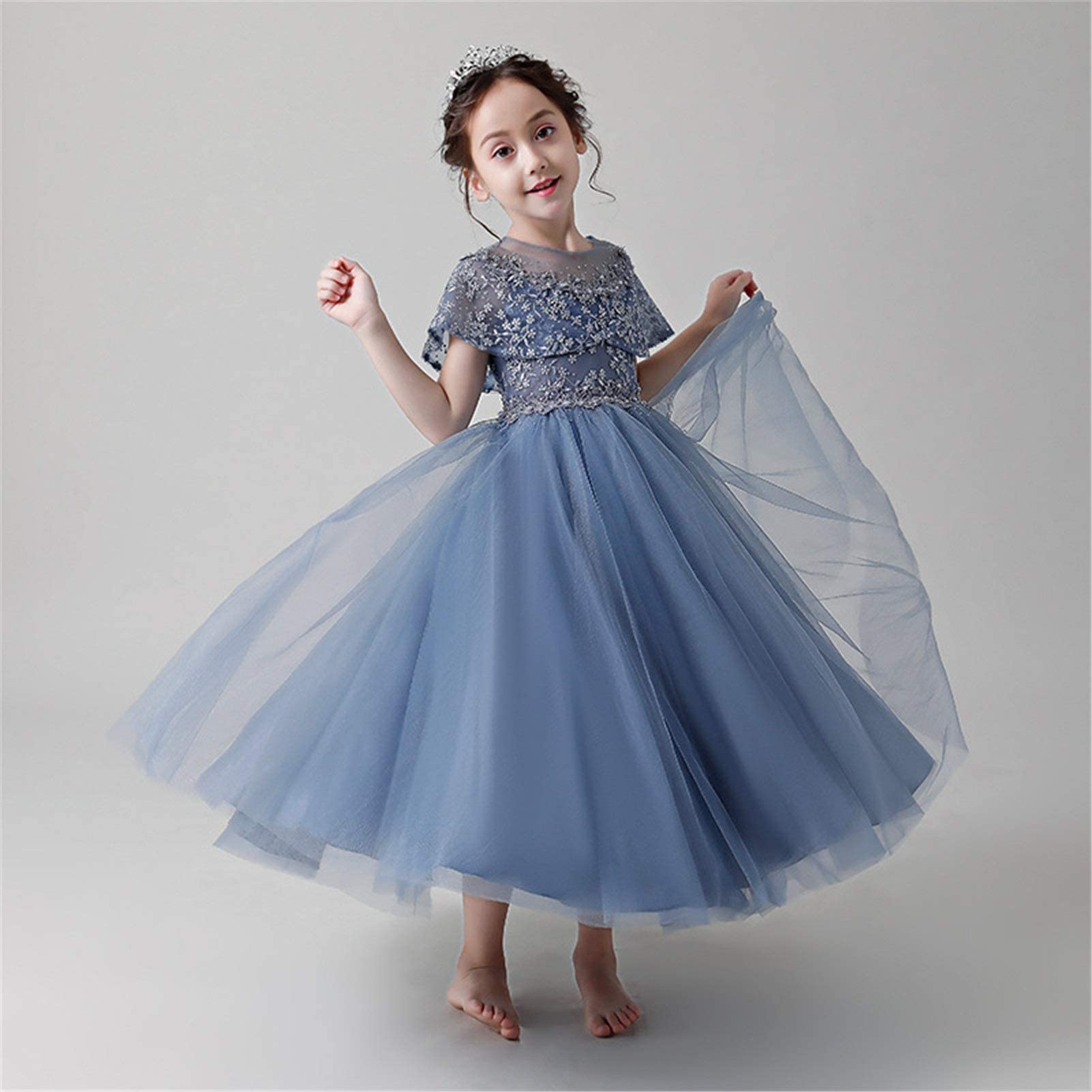 Kleider für besondere Anlässe für Mädchen, Mädchen-Abendkleid, Hochzeitskleid, Prinzessinnenkleid, westlicher Stil, Blumenmädchen, Puffgarn, Kinderklavierkostüm, Gastgeber (Farbe: Blau, Größe: 110 cm)