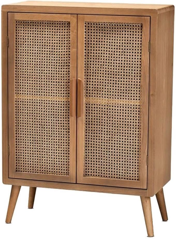 BOWERY HILL Mid-Century Wood/Rattan 2-Door Storage Cabinet, Oak Finish, 44.29" H x 31.5" W x 14.17" D, Adjustable Shelves, Angled Legs, Elegant Accent Chest for Living Room or Entryway