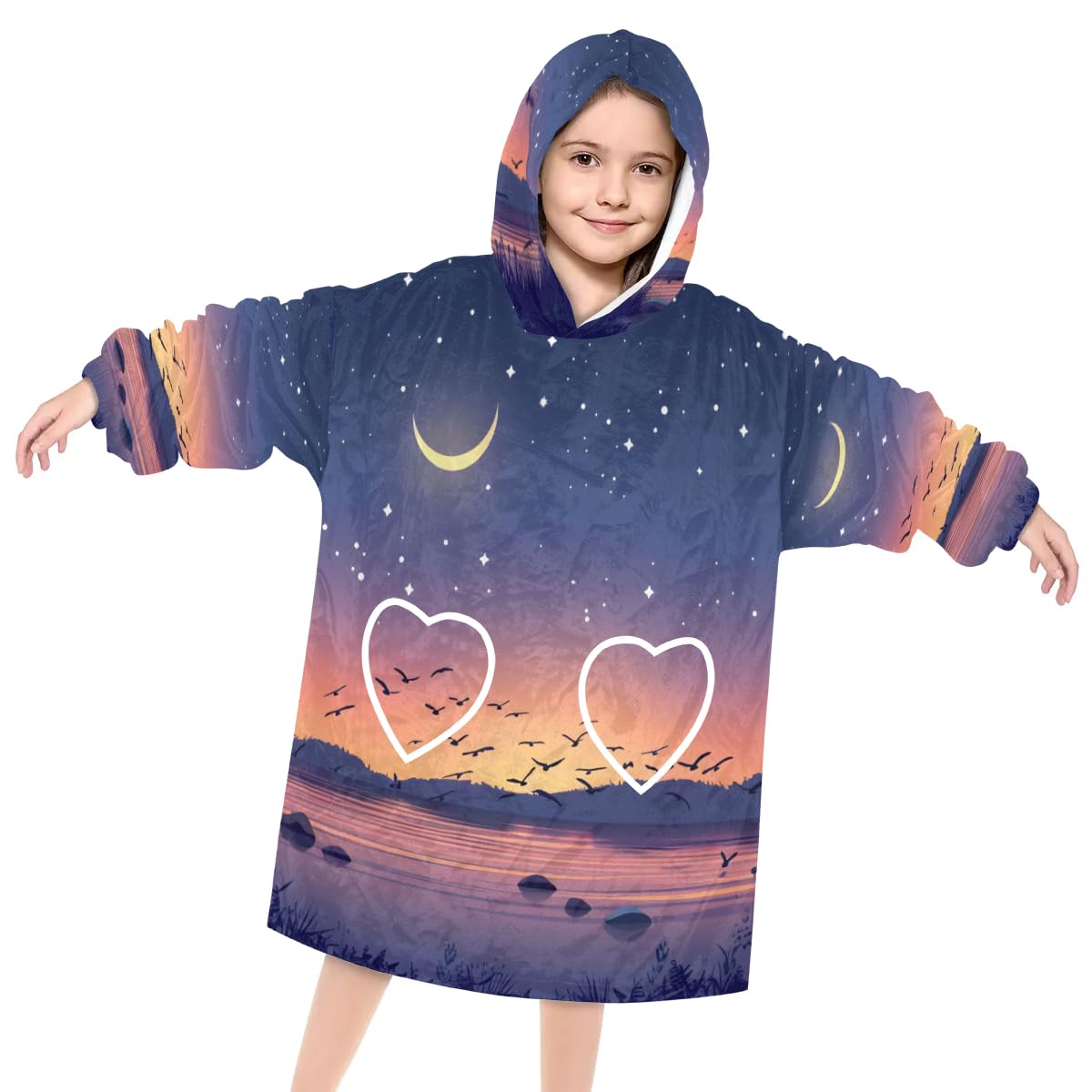 Wearable Blanket Hoodie for Kids, Bright Starry Sky Fleece Sweatshirt Blanket Oversized Blanket Sweatshirt with Pocket Flannel Warm Hooded Blanket 6-10 Year Old Girl Boy Gift, One Size