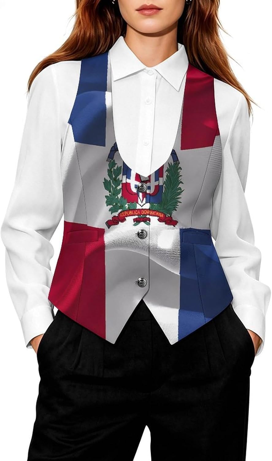 Dominican Republic Flag Women's Tuxedo Waistcoat Suit Vest | 3 Button V-Neck Slim Fit Casual Sleeveless Top