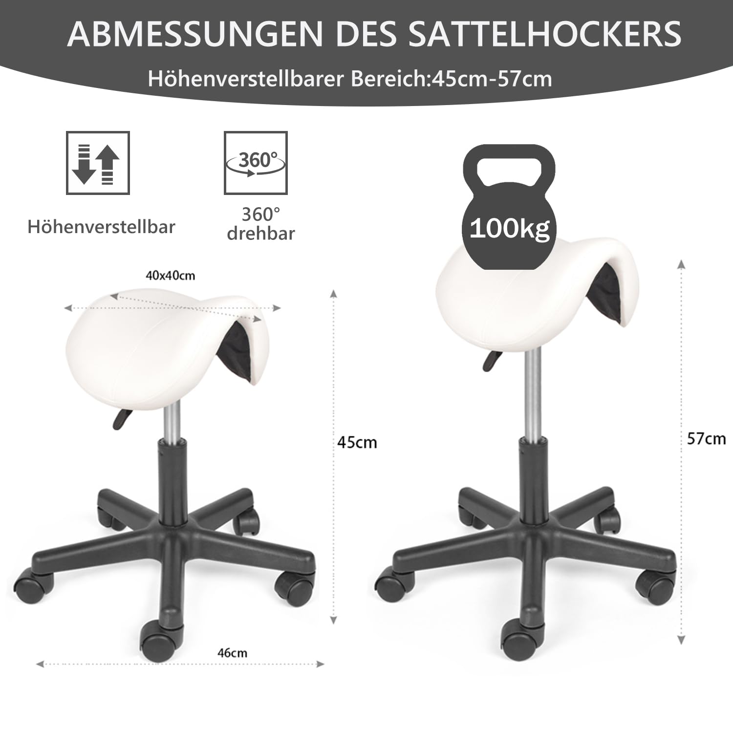 Mingone Sillín con ruedas, altura regulable, taburete de oficina, ergonómico, para peluquería, rotación de 360°, color blanco