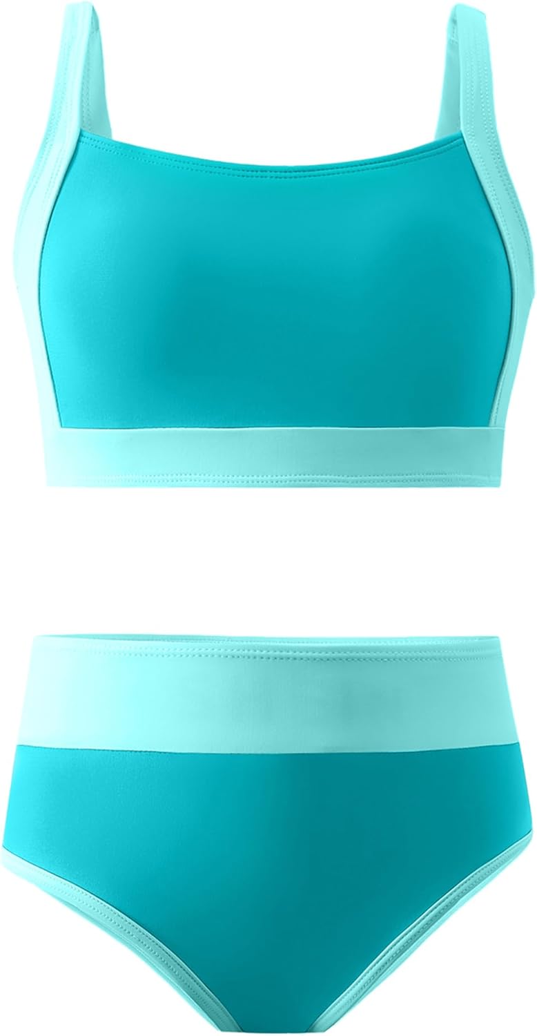 AMAWMW Girls Swimsuit Color Block Bikini Sets Adjustable Straps Two Piece Bathing Suit Swimwear for Teens 7-16Y