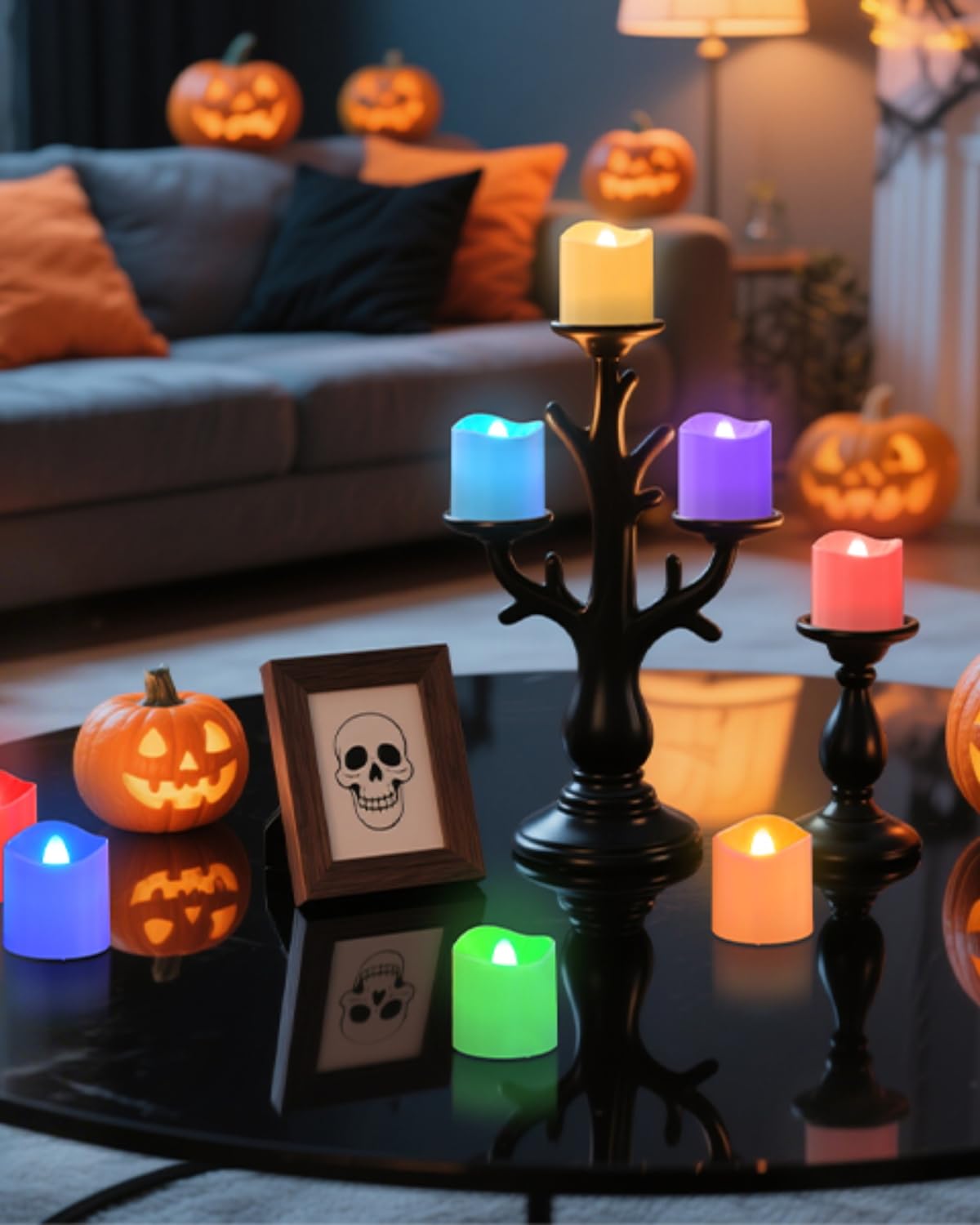 SoulBay 12er Bunte LED Teelichter Wiederaufladbar mit Fernbedienung & Timer | Aufladbare Teelichter mit Ladestation, LED Kerzen Aufladbar Flackernd für Kürbis Zimmer Wohnzimmer Halloween Deko Weihnachten