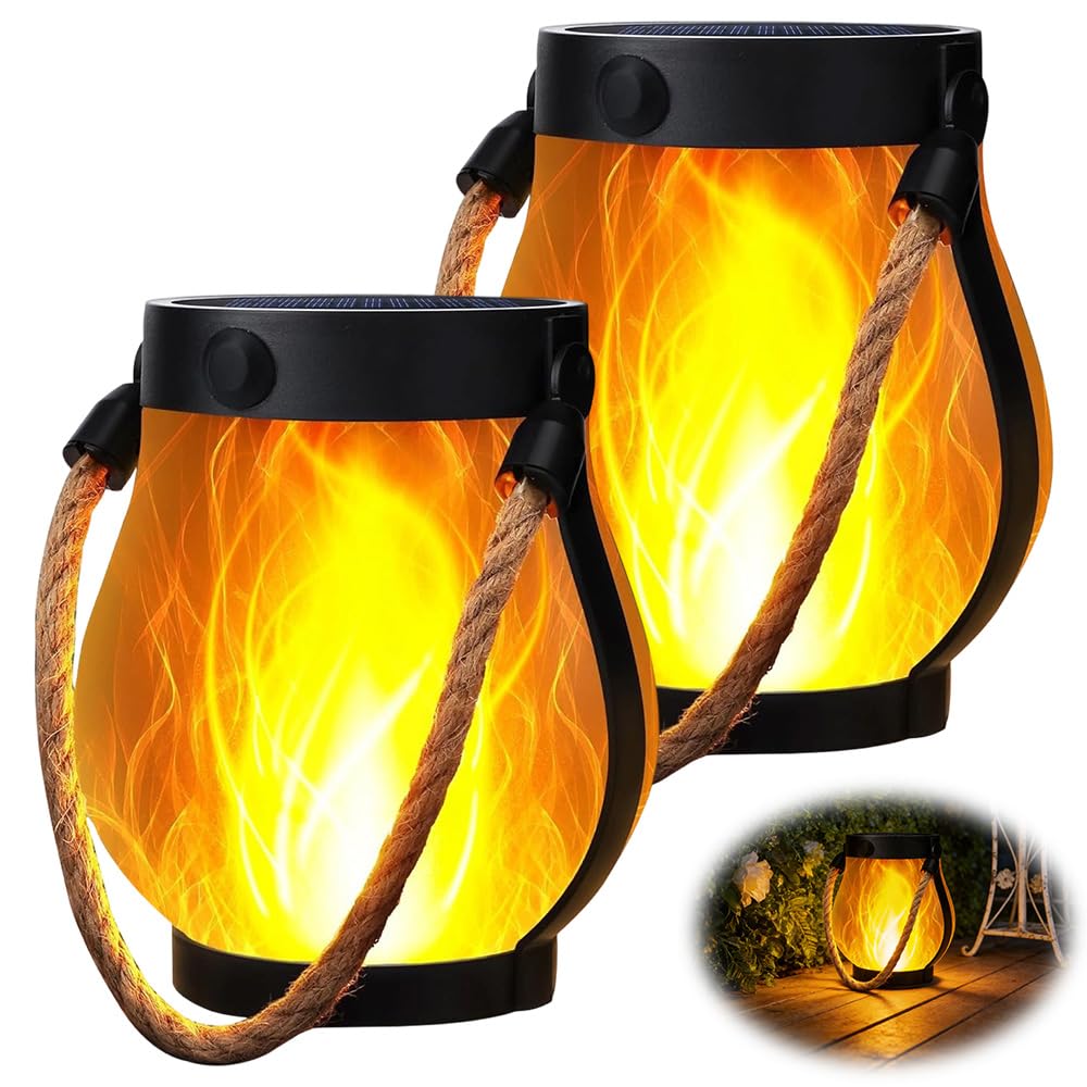 Mienup 2 Stück Solar Flamme Laterne, Solar Laternen für Draußen mit Realistische Flammeneffekte, Solarlampen für Außen Hängend, 1500mAh, IP65 Wasserdicht Solarlaterne für Außen Hof Balkon