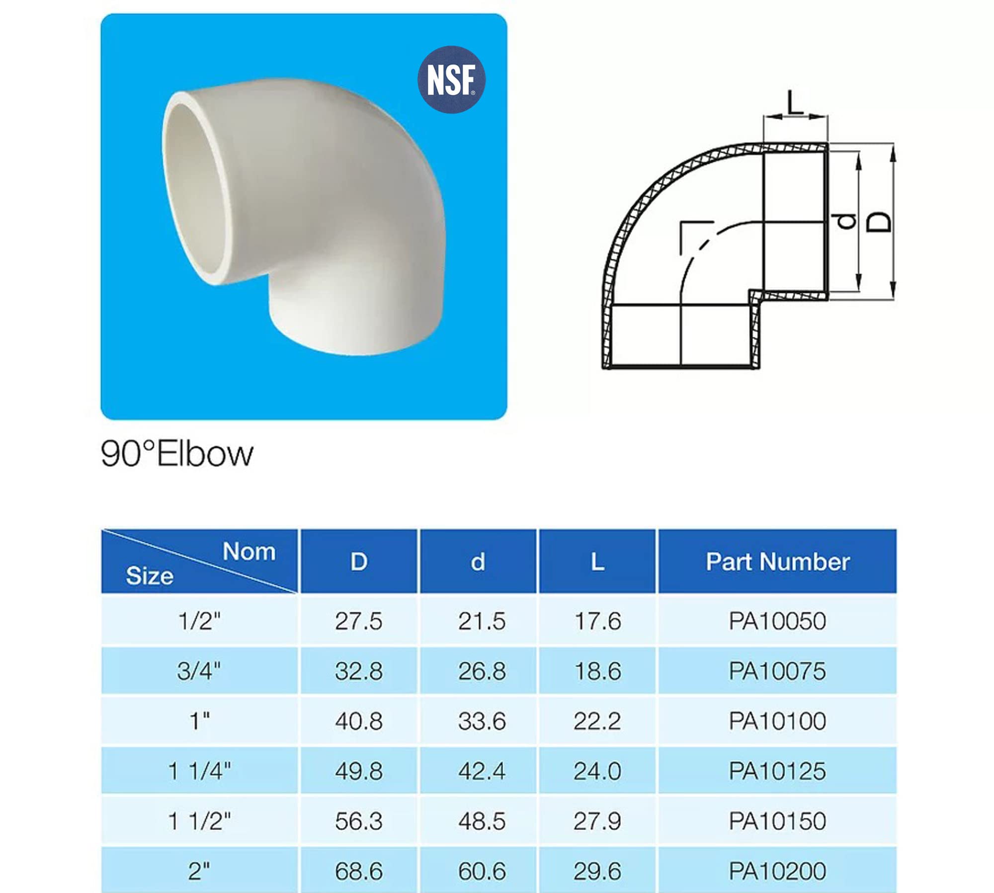 Rainbow Dream Codo de tubo de PVC de 90 grados de 1-1/2 pulgadas, paquete de 6, color blanco