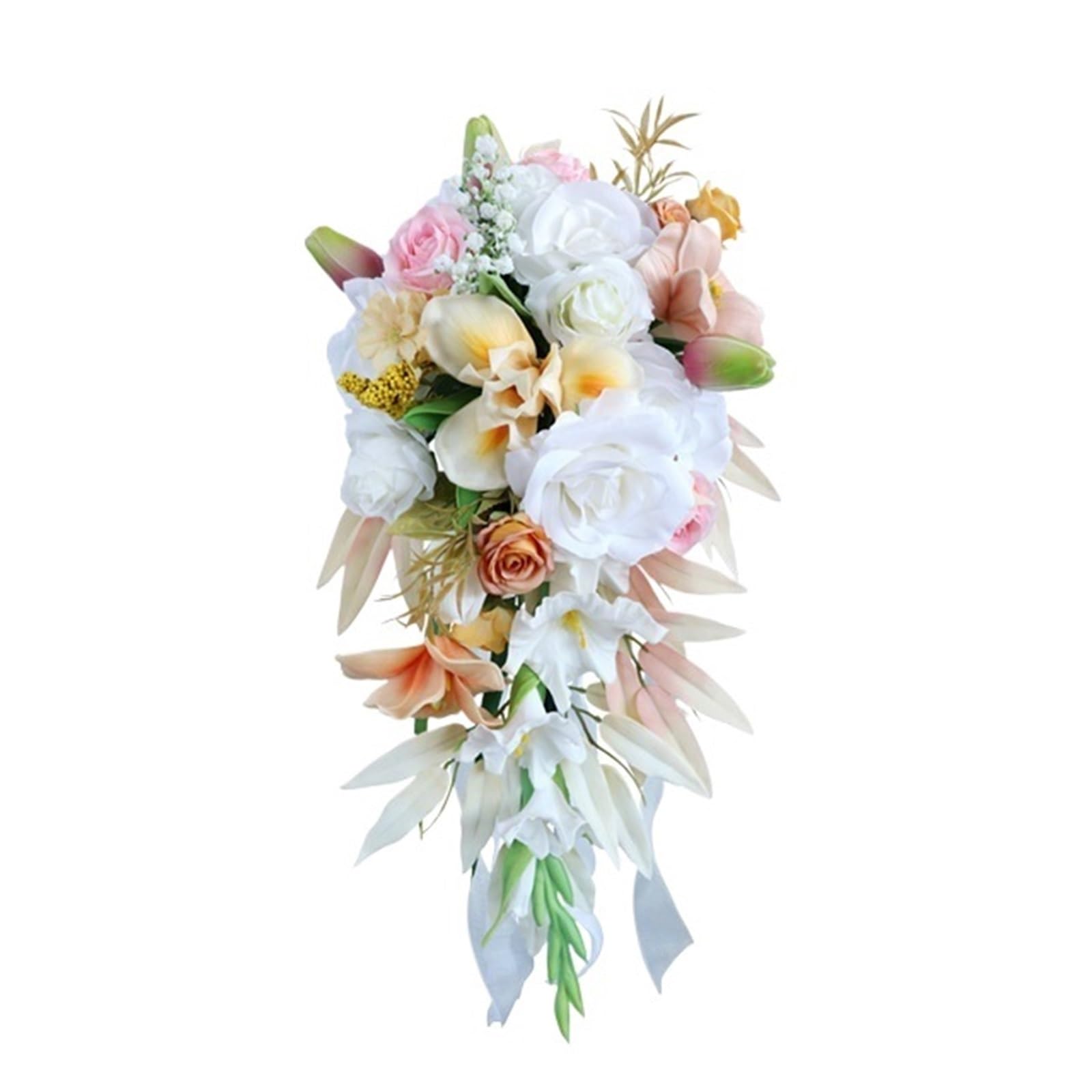 Gijmzy White Peach Casading Wedding Bouquets For Bride Handmade Silk
