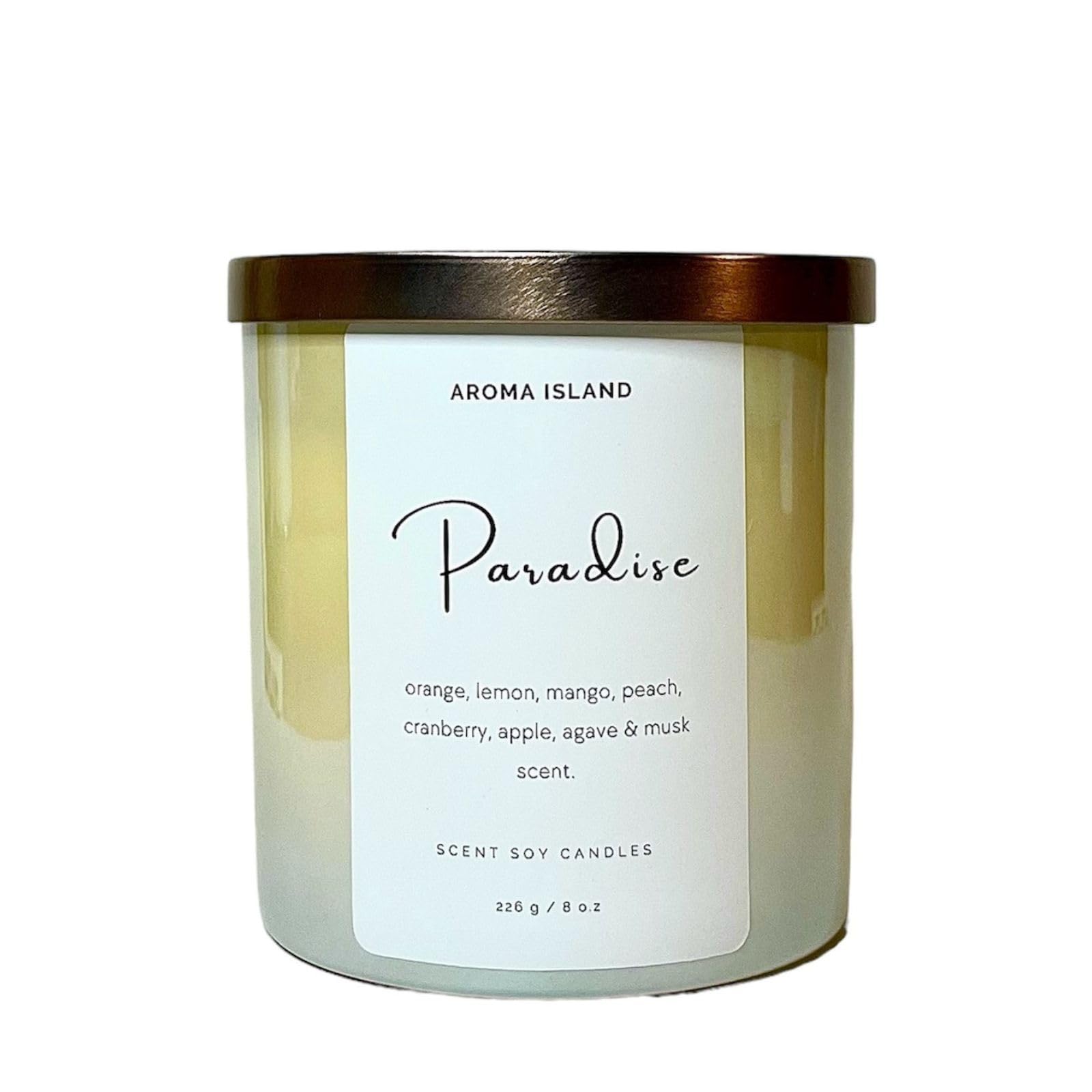 Aroma Island Paradise Scented Candle | Orange, Lemon, Mango, Peach, Cranberry, Apple, Agave, Musk Scented Soy Candle | 8oz White Iridescent Jar | 40 Hours Burn Time