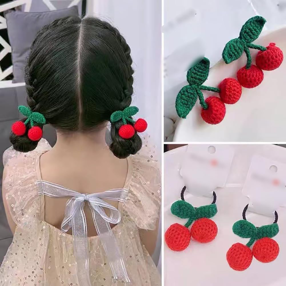 4 Pcs Red Sweet Cherry Hair Clips and Hair Ties Handmade Crochet Fruit Hairpins Hair Barrettes Cute Christmas Hair Accessories for Women Girls - Image 4