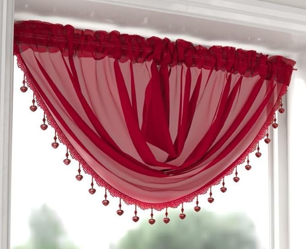 Maple Textiles Red Beaded Hearts Voile Curtain Swag, Slot Top Design, Available In White, Cream, Black, Grey, Teal Colours (Red)