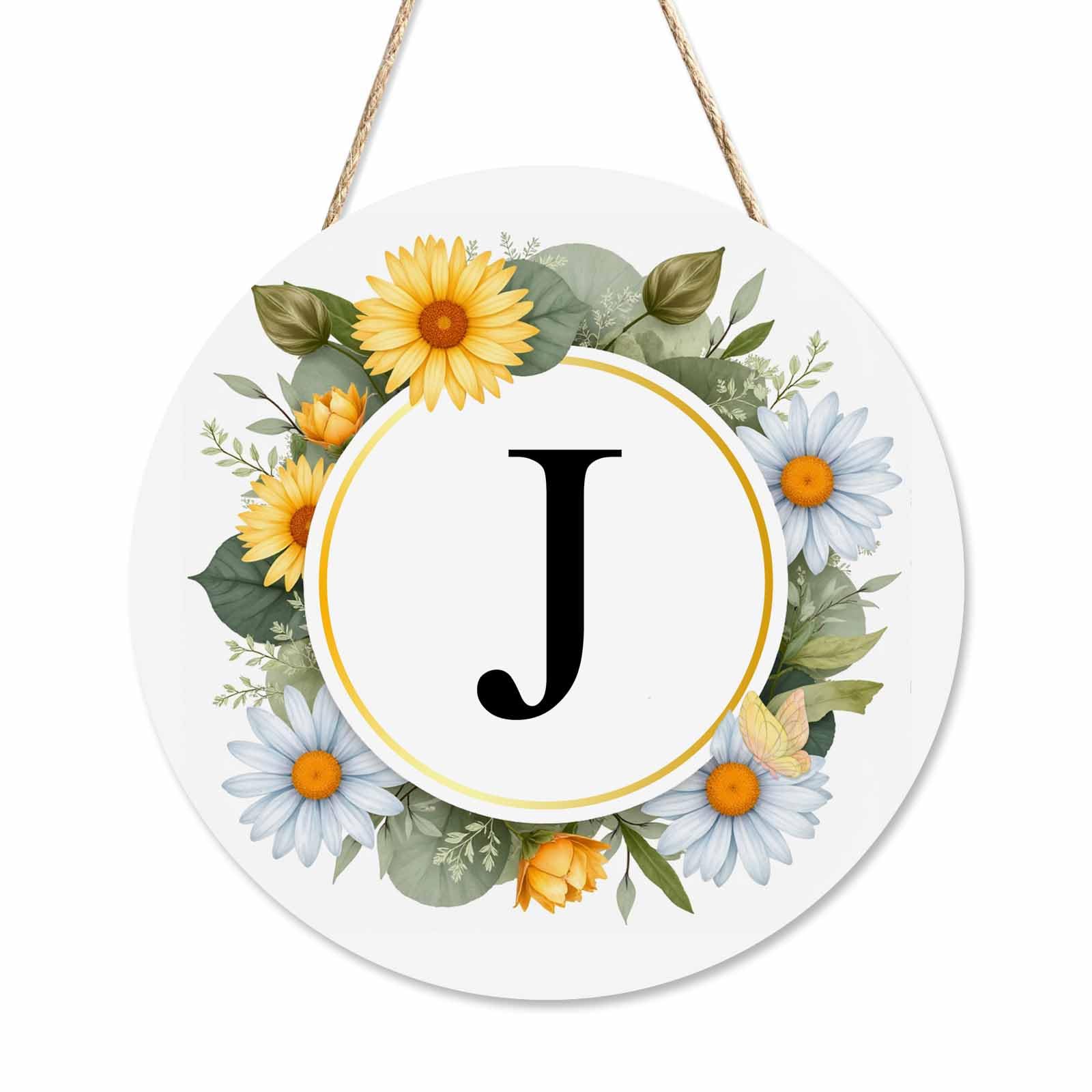 Beabes Welcome Porch Wood Sign Hand Drawn Wreath Letter J Round Hanging Plaque Sign for Porch Yard, Housewarming Present, 12x12inch